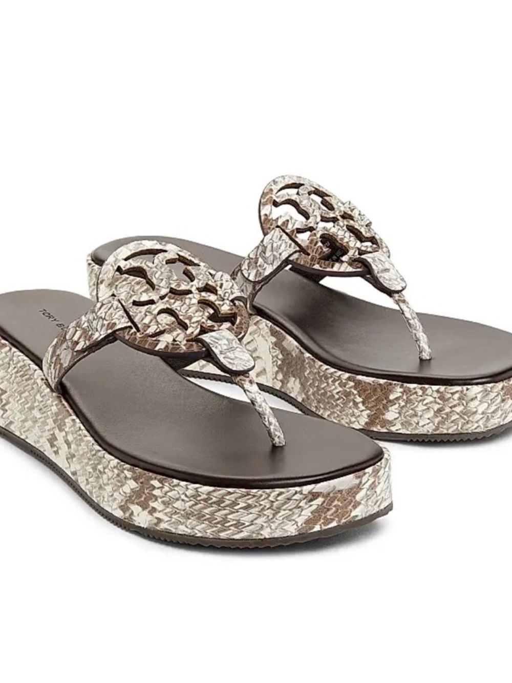 NIB Tory Burch Miller Snake-Embossed Wedge Thong color Granite Roccia 8.5/38.5